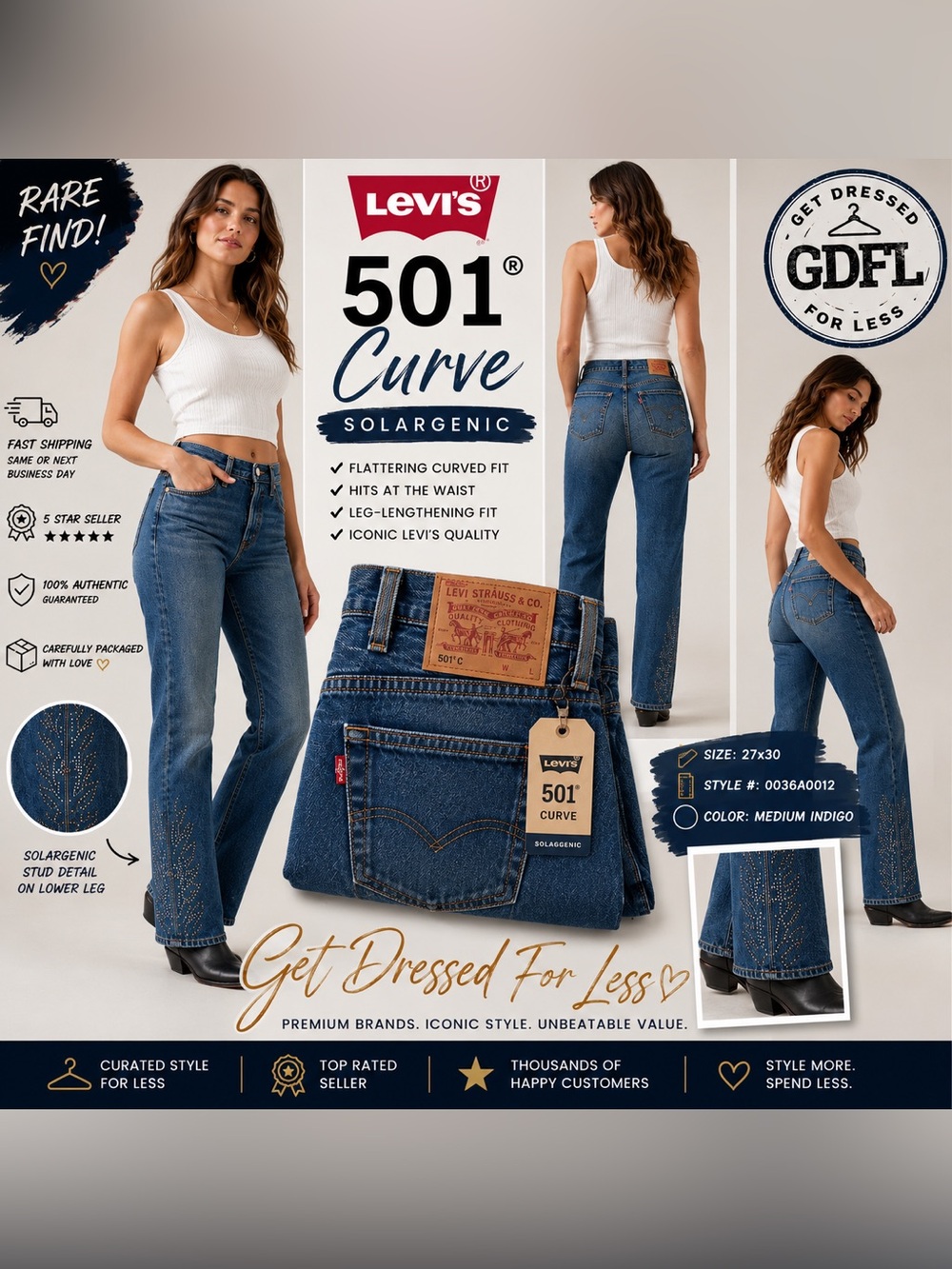 Levi’s 501 Womens Curve Solargenic Jeans 27x30 Studded Western Y2K NWT
